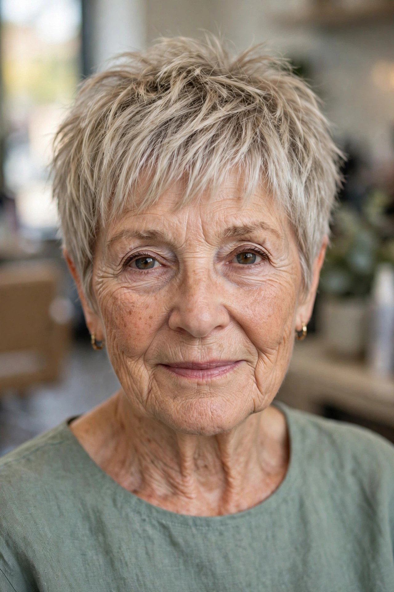 Choppy Piecey Bangs with a Textured Pixie - hairstyle with bangs on a woman over 60