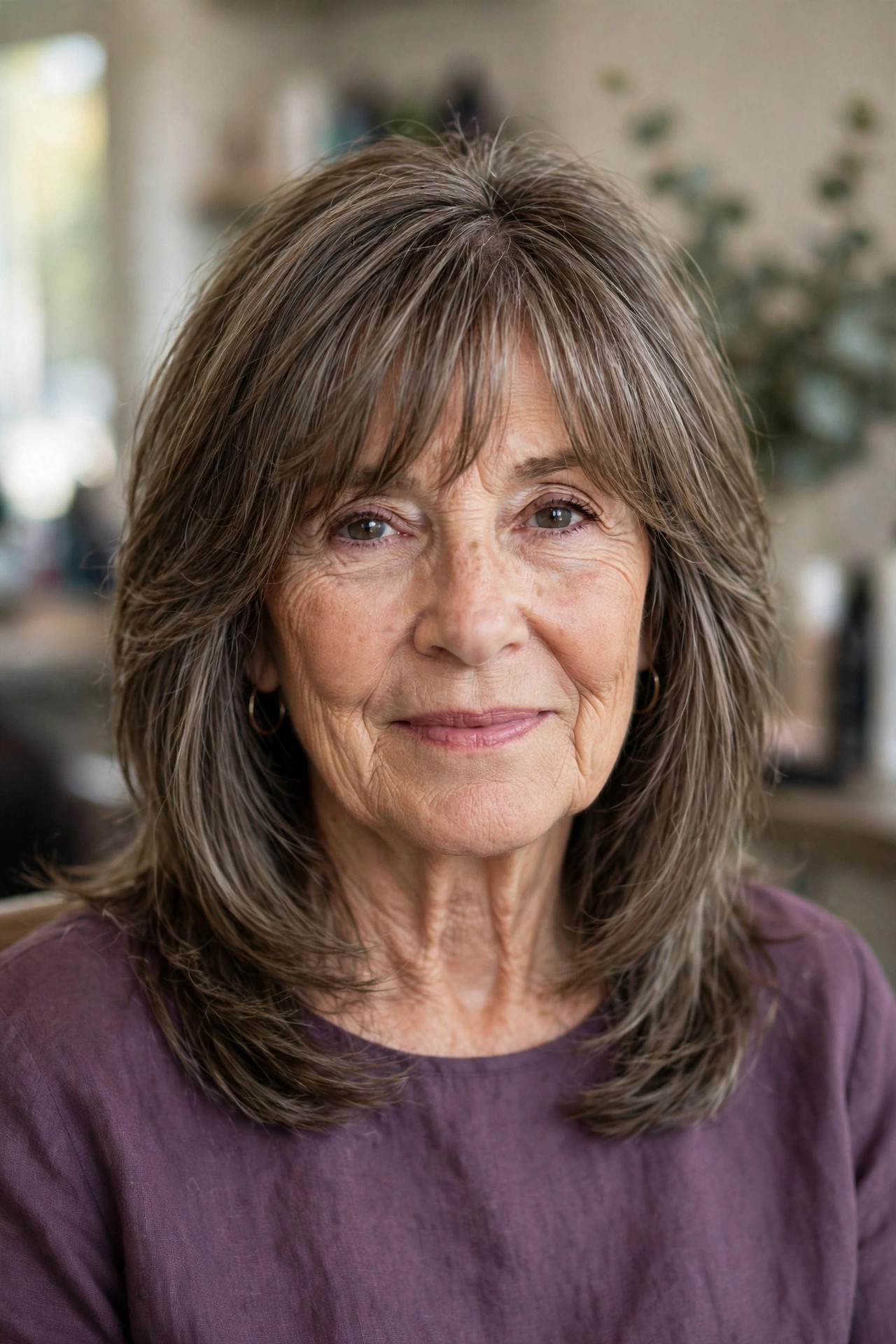 Long Face-Framing Bangs with Medium Layers - hairstyle with bangs on a woman over 60