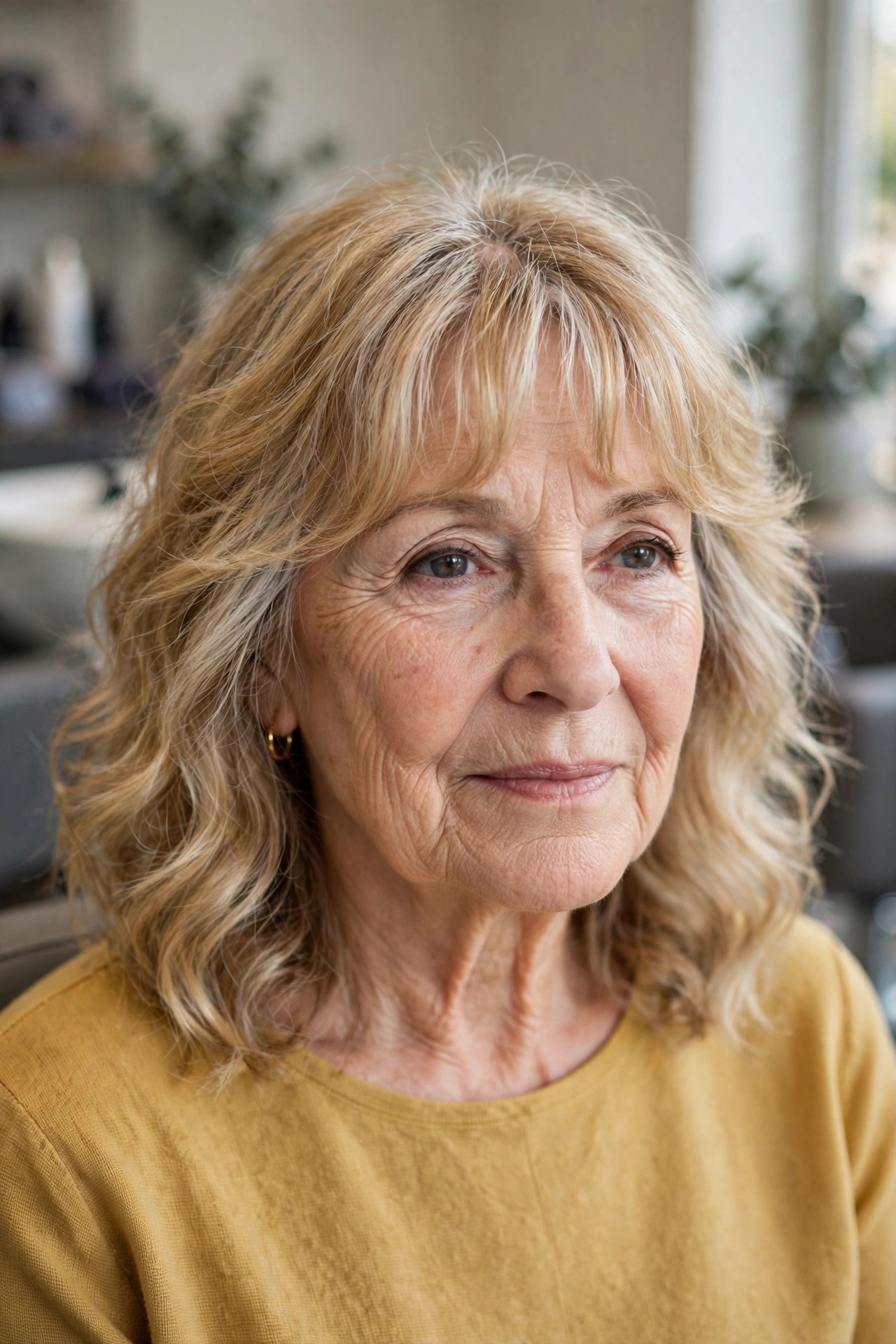Bottleneck Bangs with Soft Waves - hairstyle with bangs on a woman over 60