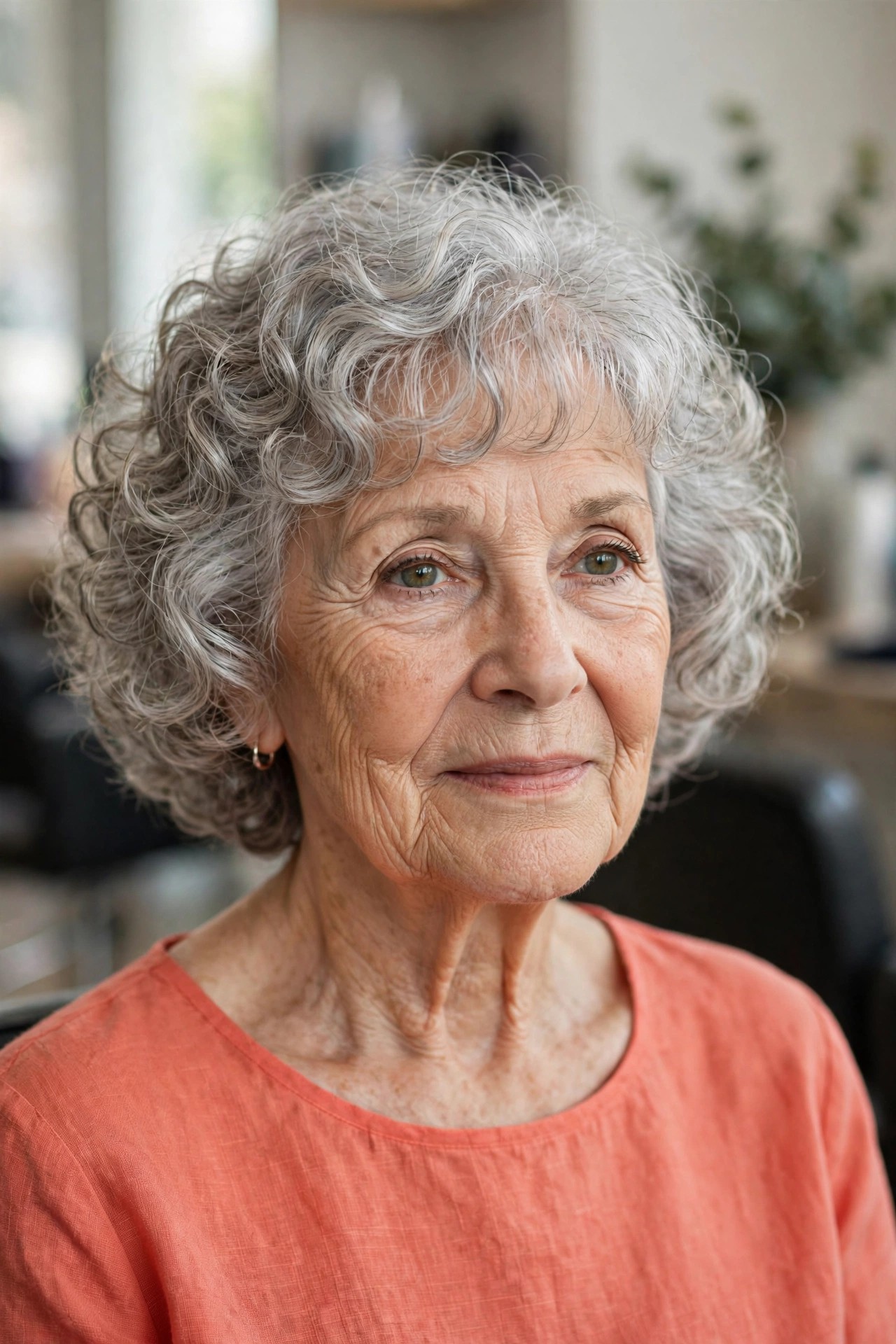 Wispy Bangs with a Curly Gray Bob - hairstyle with bangs on a woman over 60