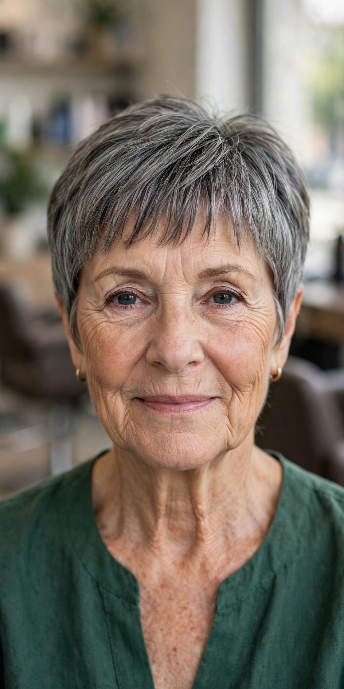 Straight-Across Bangs with a Short Gray Pixie - hairstyle with bangs on a woman over 60