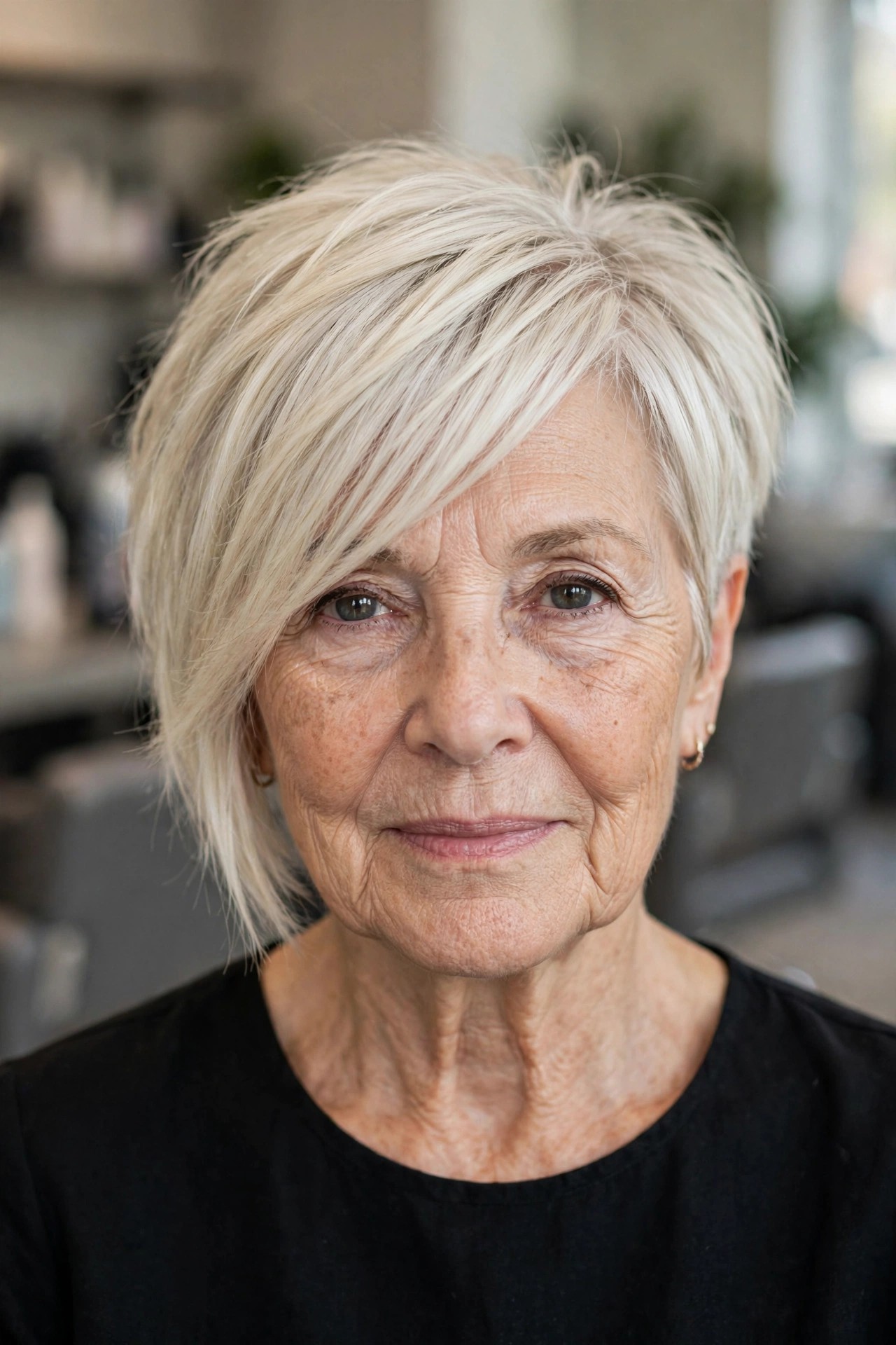 Asymmetric Bangs with an Edgy Short Cut - hairstyle with bangs on a woman over 60