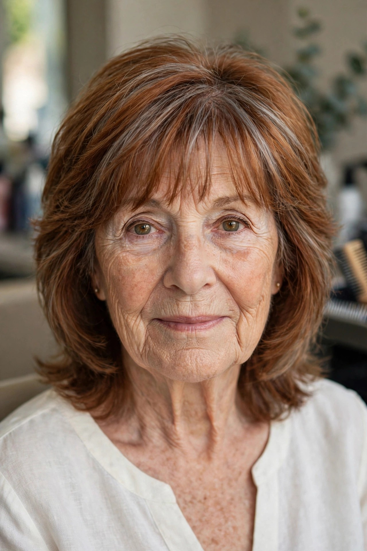 Brow-Grazing Bangs with Feathered Layers - hairstyle with bangs on a woman over 60