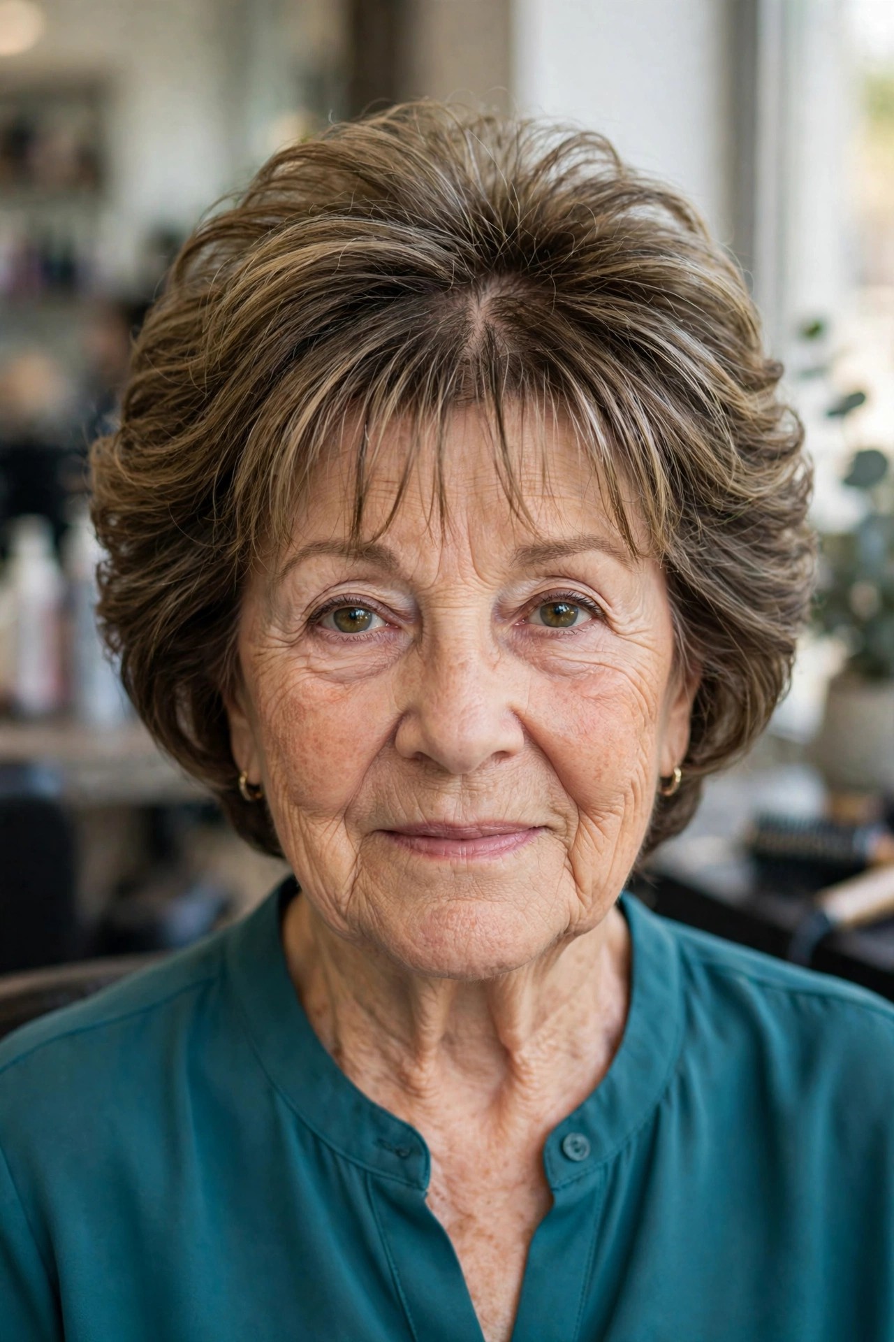 Parted Wispy Bangs with Voluminous Layers - hairstyle with bangs on a woman over 60