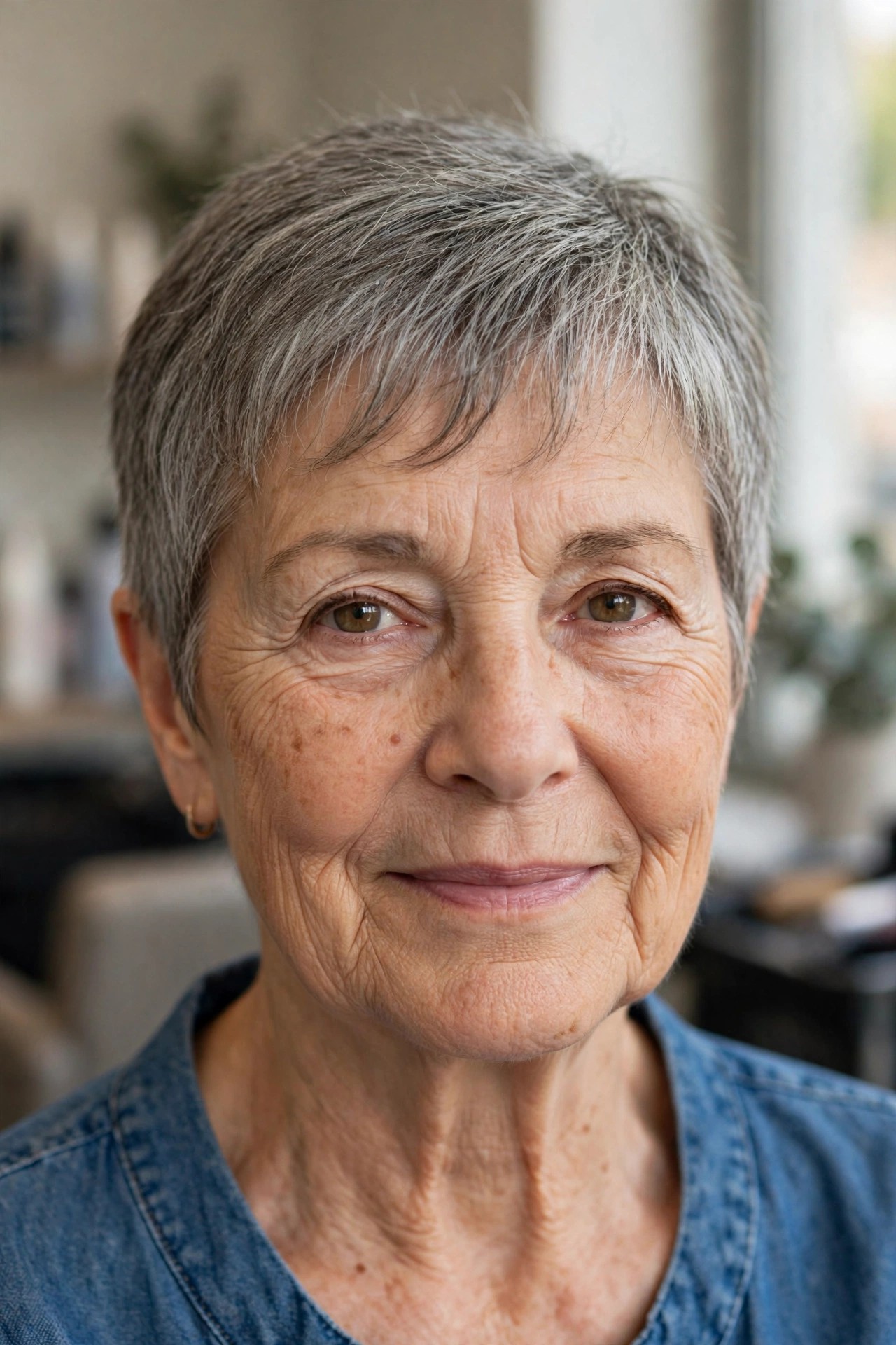 Soft Bangs with a Wash-and-Go Gray Crop - hairstyle with bangs on a woman over 60