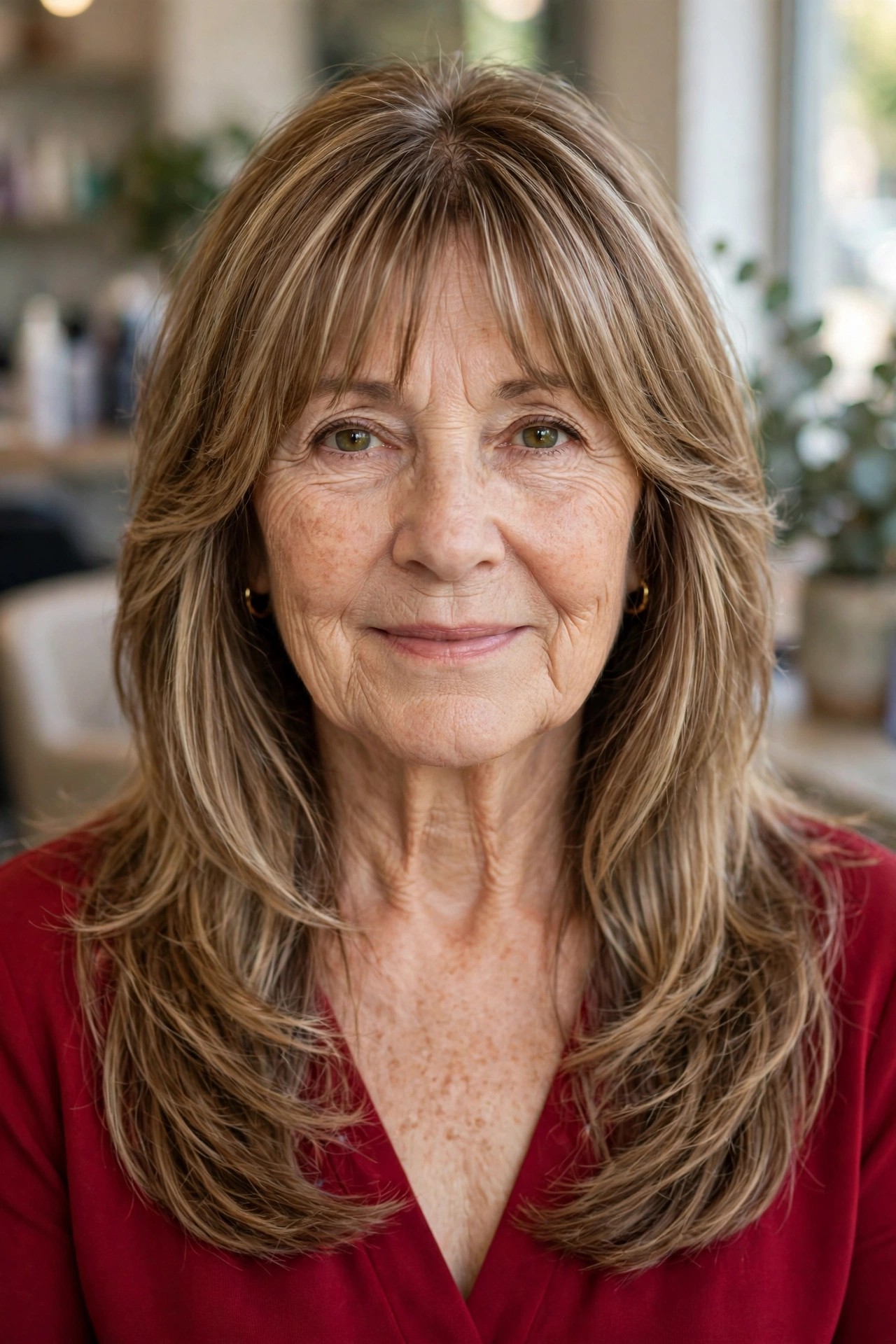Wispy Bangs with Long Layered Hair - hairstyle with bangs on a woman over 60