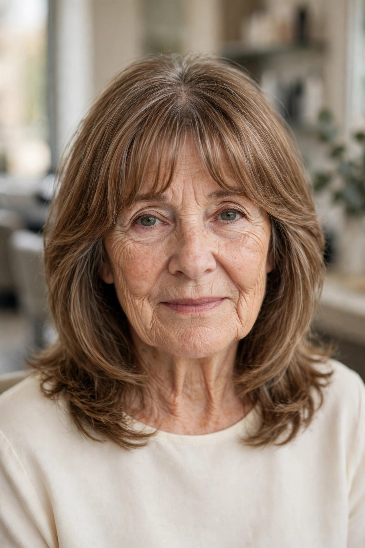 Curtain Bangs with Shoulder-Length Layers - hairstyle with bangs on a woman over 60