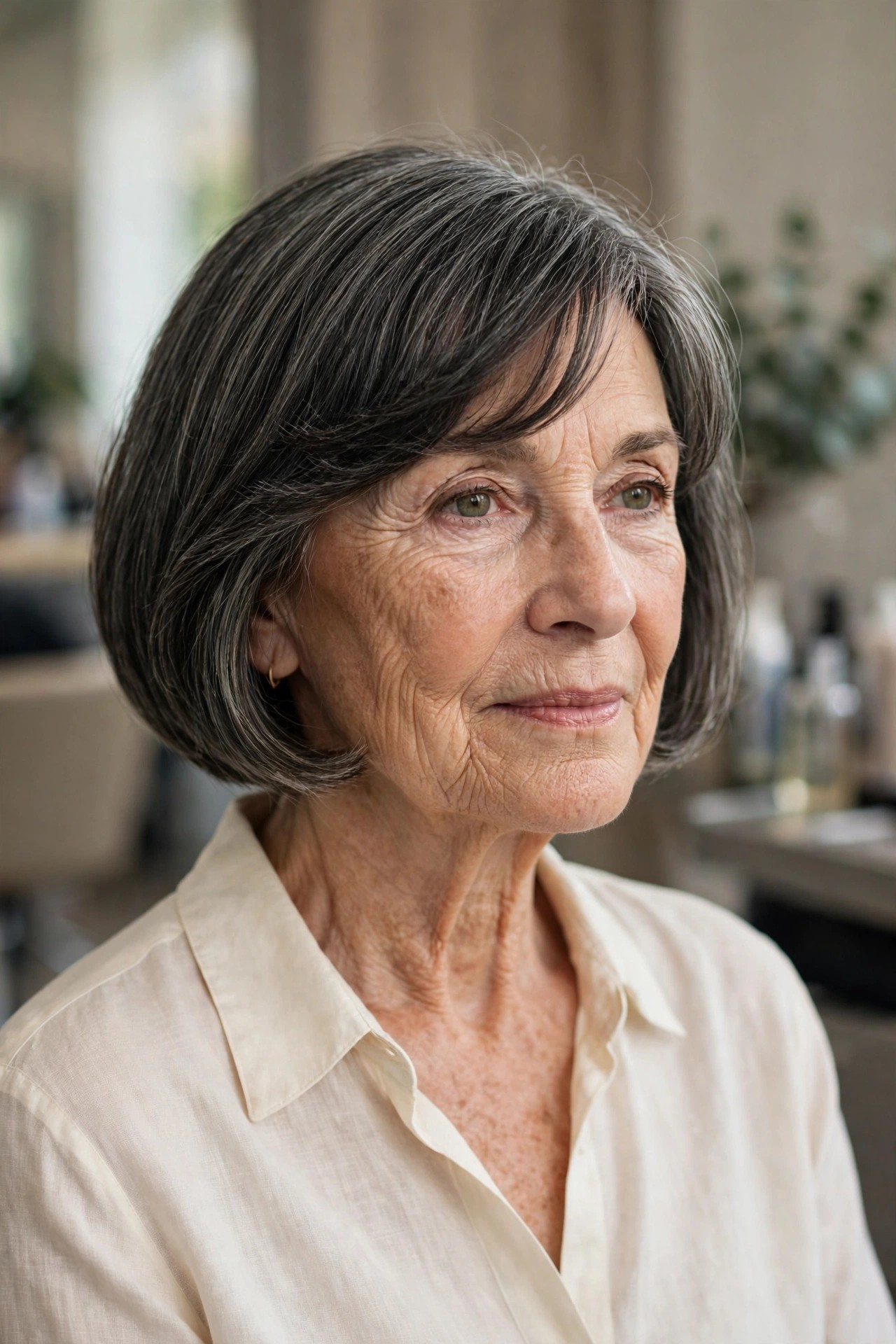 Gentle Side Bangs with a French Bob - hairstyle with bangs on a woman over 60