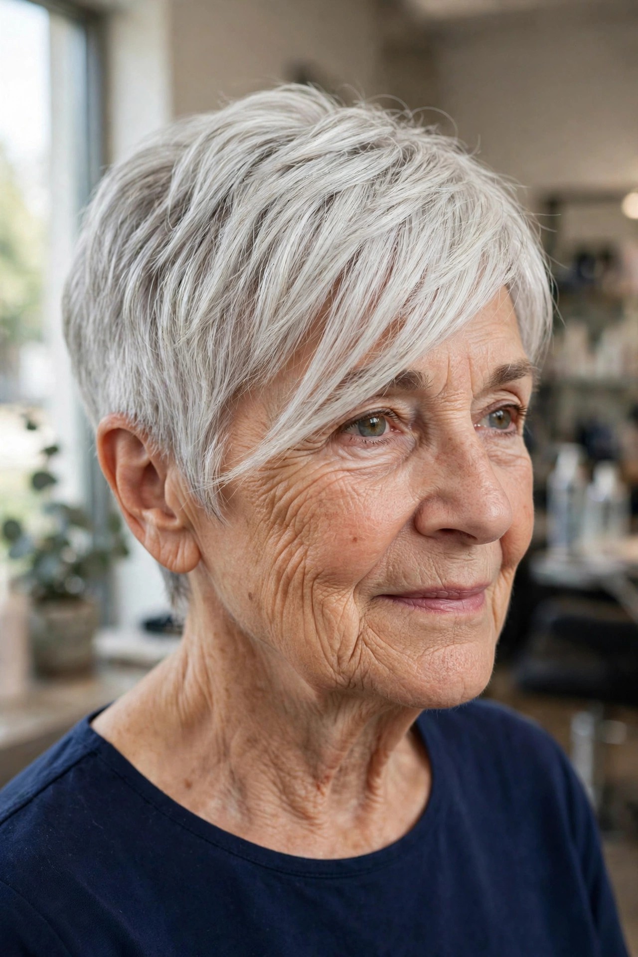 Long Side-Swept Bangs with a Silver Pixie - hairstyle with bangs on a woman over 60