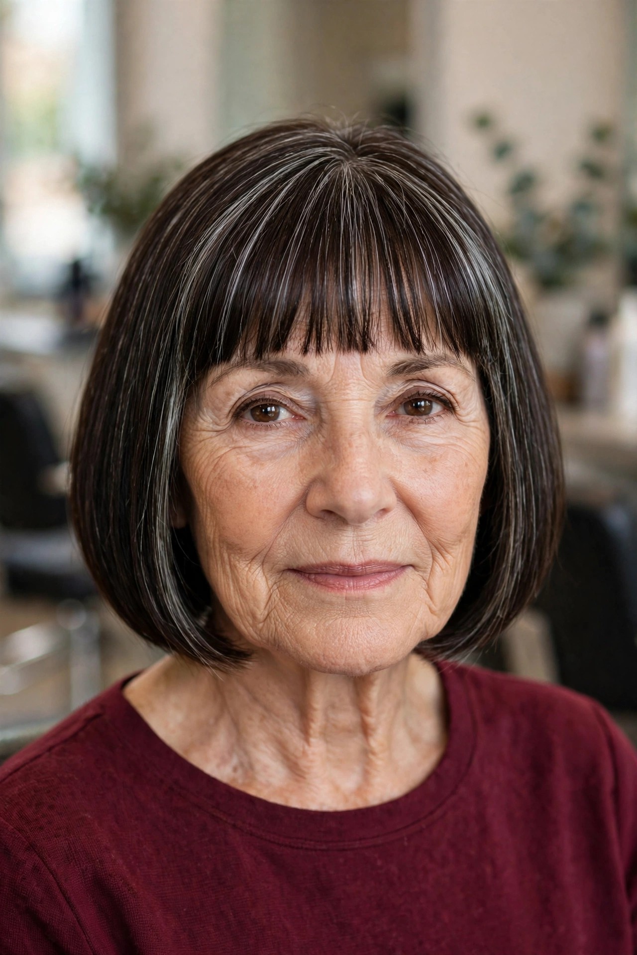 Soft Blunt Bangs with a Classic Chin Bob - hairstyle with bangs on a woman over 60