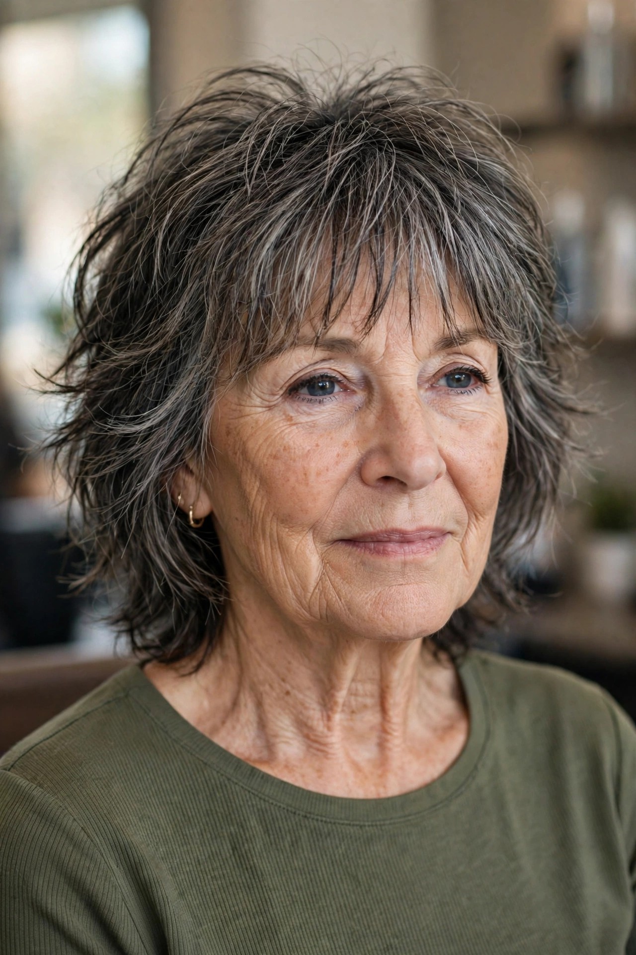 Feathered Bangs with a Modern Shag - hairstyle with bangs on a woman over 60