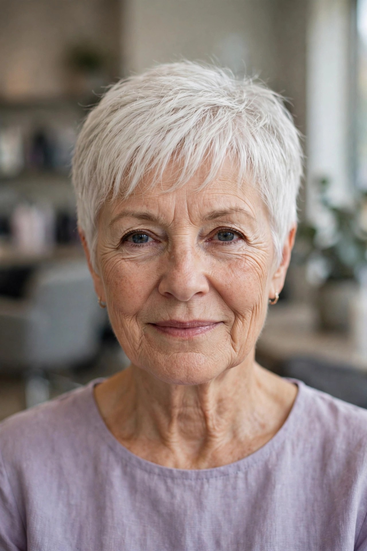 Wispy Bangs with a Short White Crop - hairstyle with bangs on a woman over 60