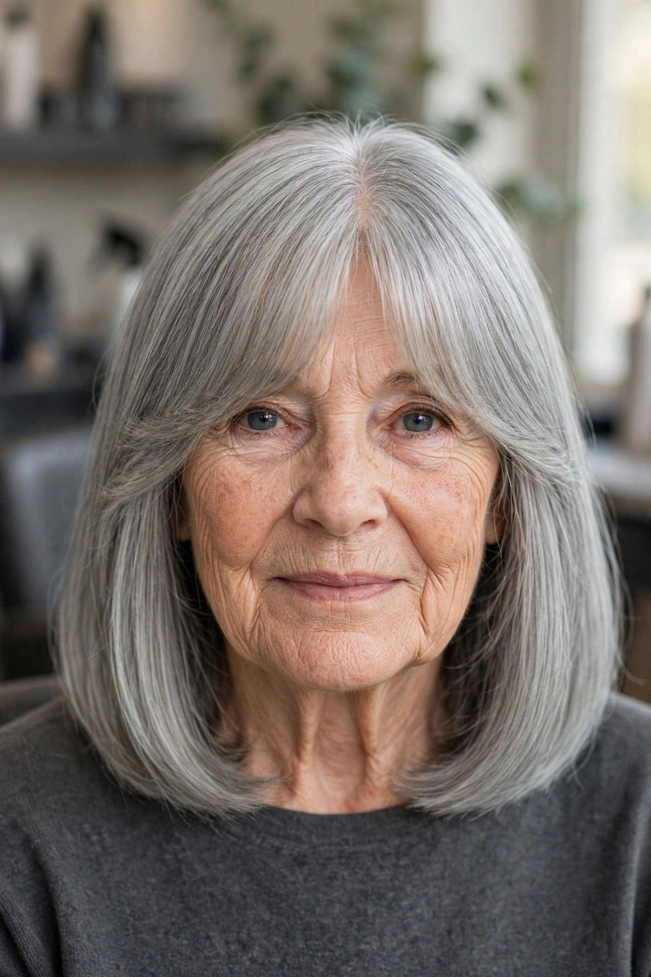 Curtain Bangs with a Silver Lob - hairstyle with bangs on a woman over 60