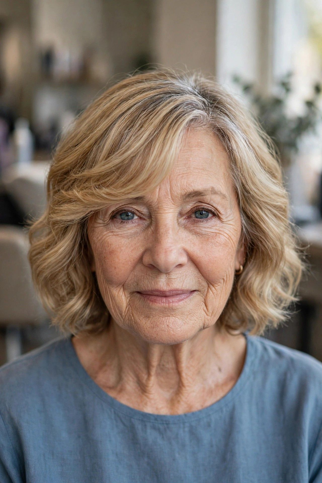 Side-Swept Bangs with a Wavy Bob - hairstyle with bangs on a woman over 60