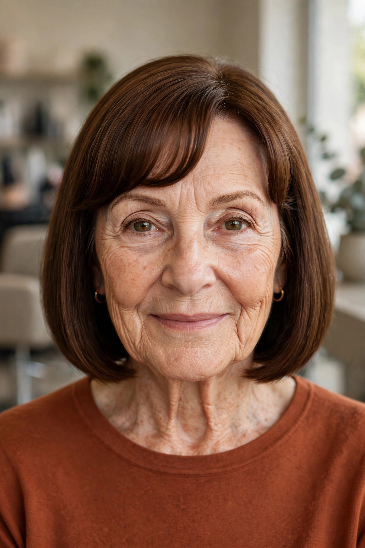 Arched Bangs with a Sleek Chestnut Bob - hairstyle with bangs on a woman over 60