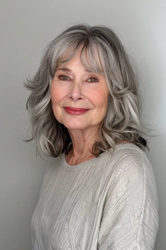 Woman over 70 with wavy shoulder-length hair with soft full bangs — flattering bangs hairstyle for women over 70