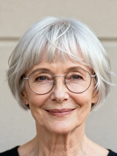 Woman over 70 with short white crop with bangs that love glasses — flattering bangs hairstyle for women over 70