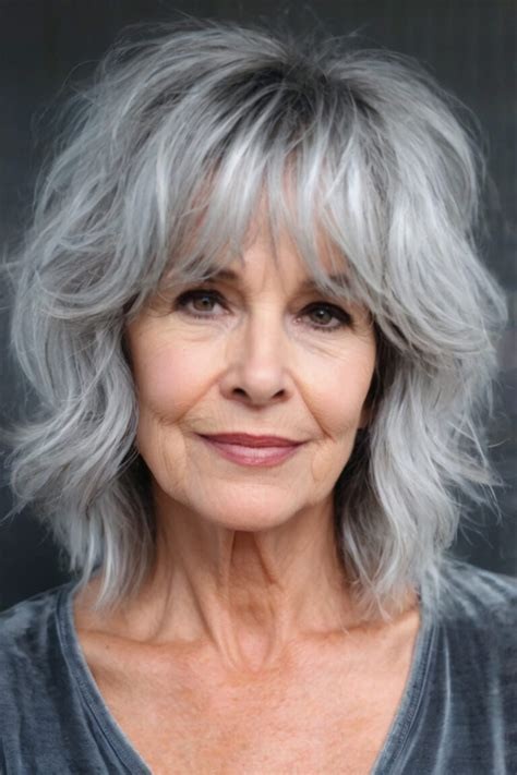 Woman over 70 with silver shag with a soft, broken-up fringe — flattering bangs hairstyle for women over 70
