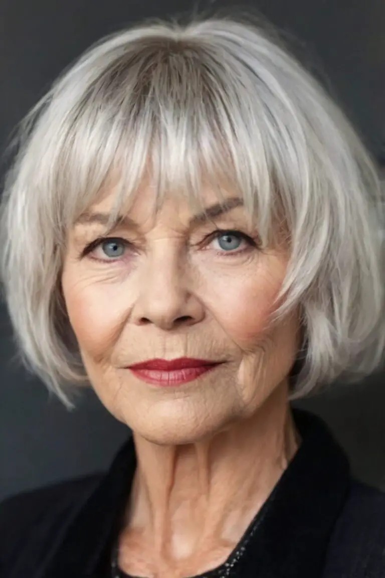 Woman over 70 with chin-length bob with full, softening bangs — flattering bangs hairstyle for women over 70