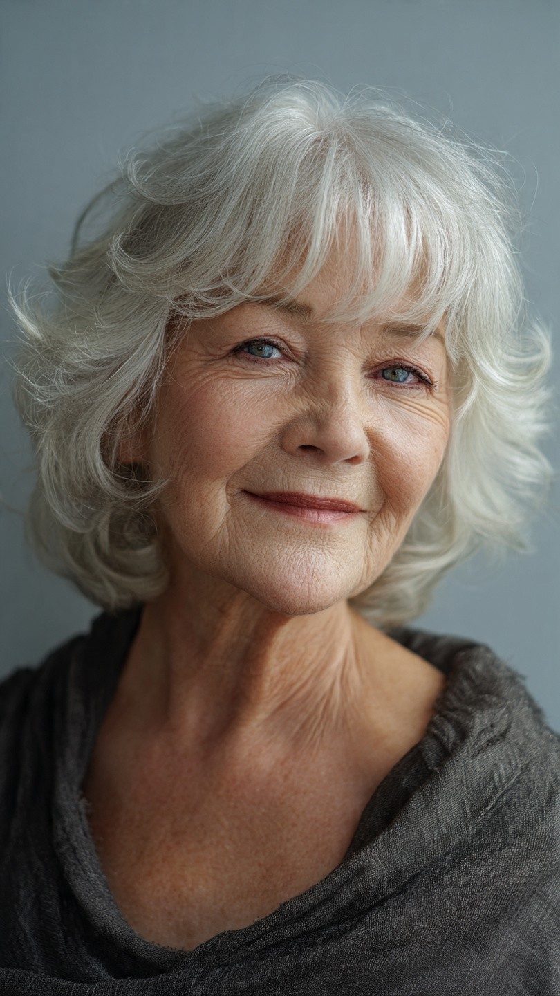 Woman over 70 with curly white hair with a gentle curly fringe — flattering bangs hairstyle for women over 70