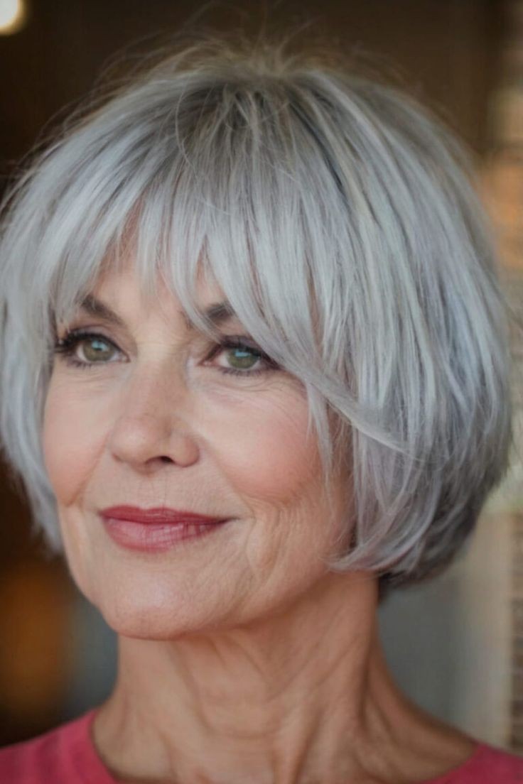 Woman over 70 with rounded blue-gray bob with a gentle fringe — flattering bangs hairstyle for women over 70