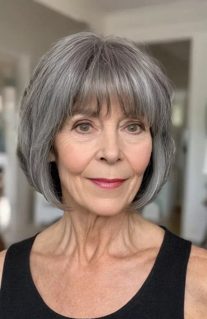 Woman over 70 with charcoal-gray bob with a classic fringe — flattering bangs hairstyle for women over 70
