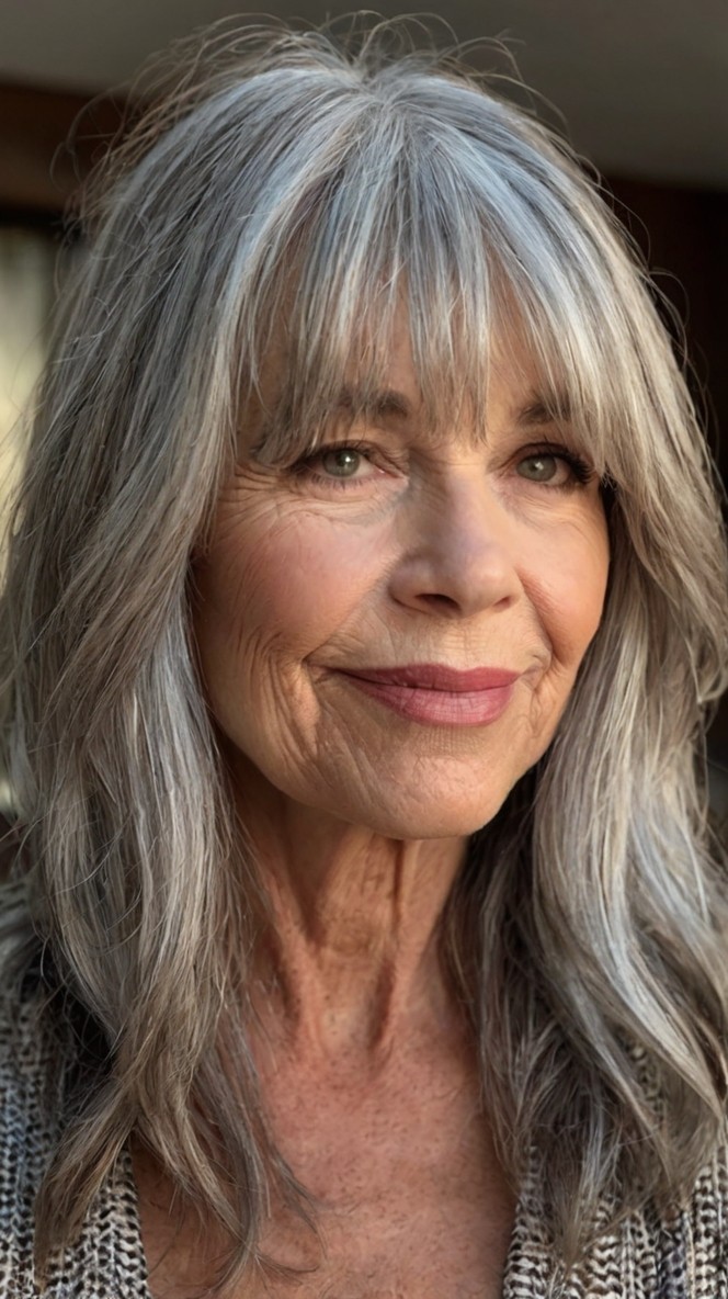 Woman over 70 with long gray layers with a full, soft fringe — flattering bangs hairstyle for women over 70