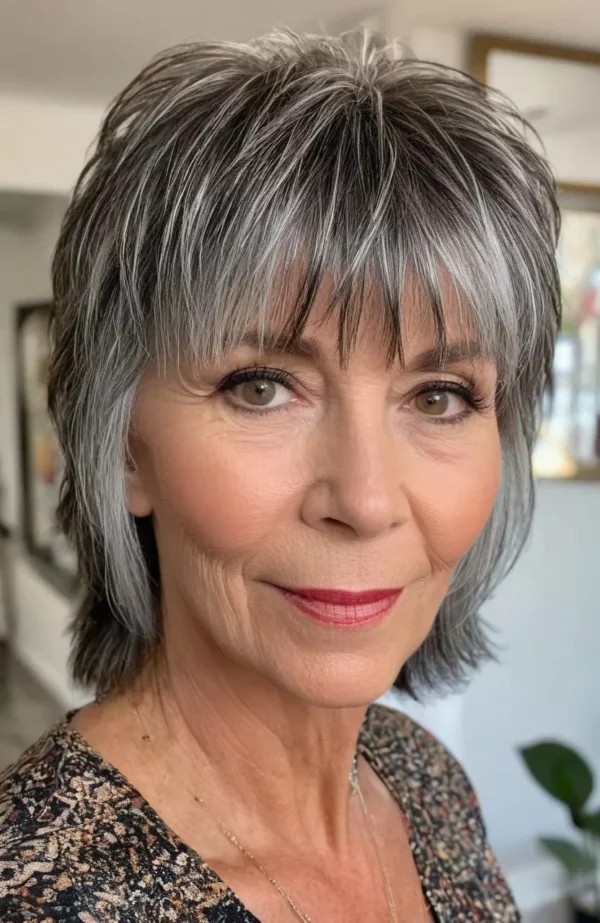 Woman over 70 with salt-and-pepper shag with a textured fringe — flattering bangs hairstyle for women over 70