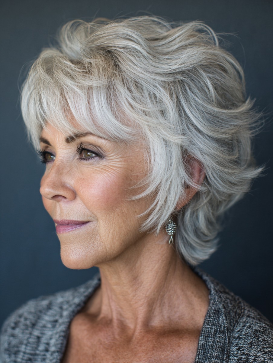 Woman over 70 with curly white pixie-bob with a side-swept fringe — flattering bangs hairstyle for women over 70