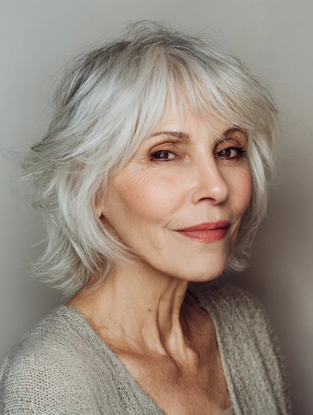 Woman over 70 with white wavy layers with a side-swept fringe — flattering bangs hairstyle for women over 70