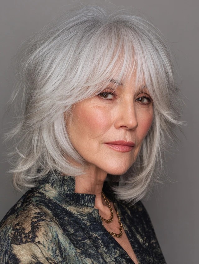 Woman over 70 with feathered silver layers with wispy bangs — flattering bangs hairstyle for women over 70