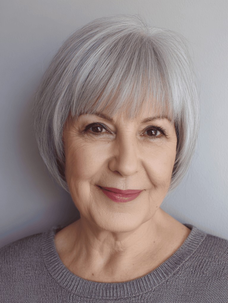 Woman over 70 with classic white bob with soft, full bangs — flattering bangs hairstyle for women over 70