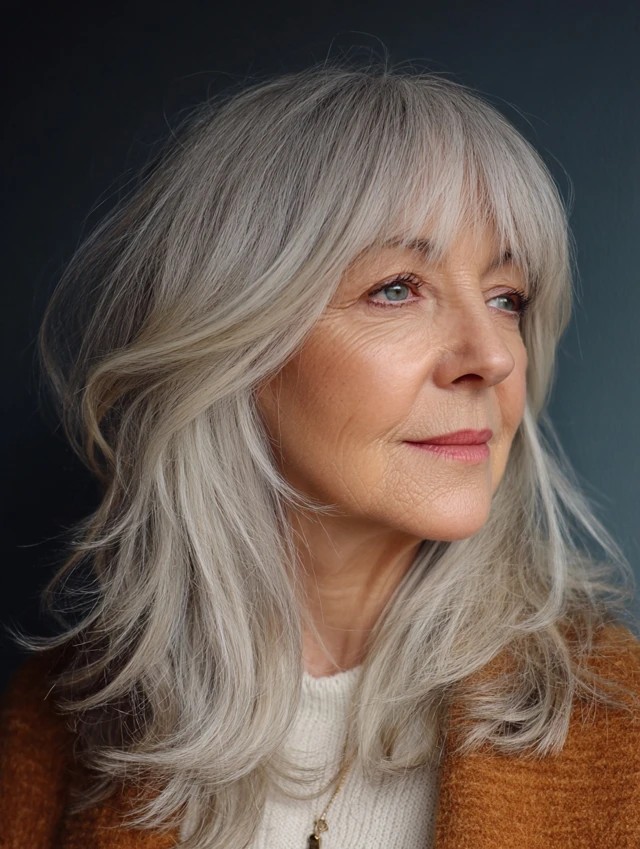 Woman over 70 with long silver waves with a face-softening fringe — flattering bangs hairstyle for women over 70