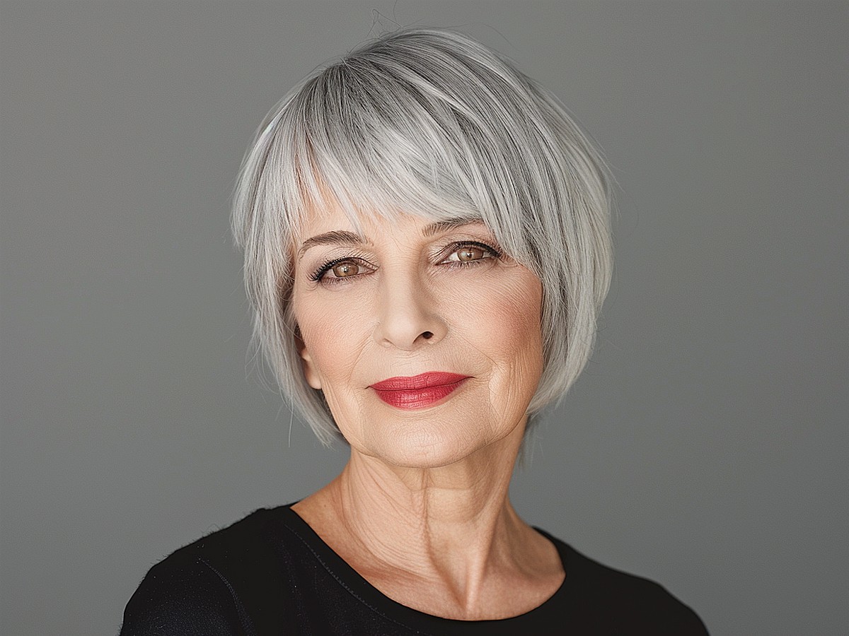 Woman over 70 with sleek short bob with a polished fringe — flattering bangs hairstyle for women over 70