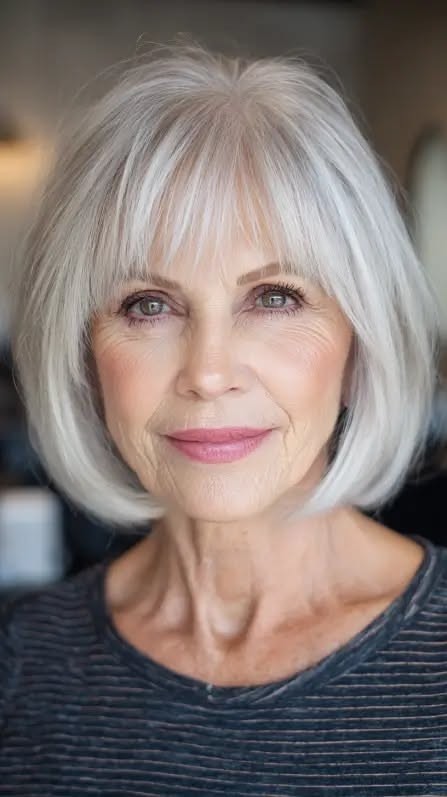 Woman over 70 with snow-white bob with airy, wispy bangs — flattering bangs hairstyle for women over 70