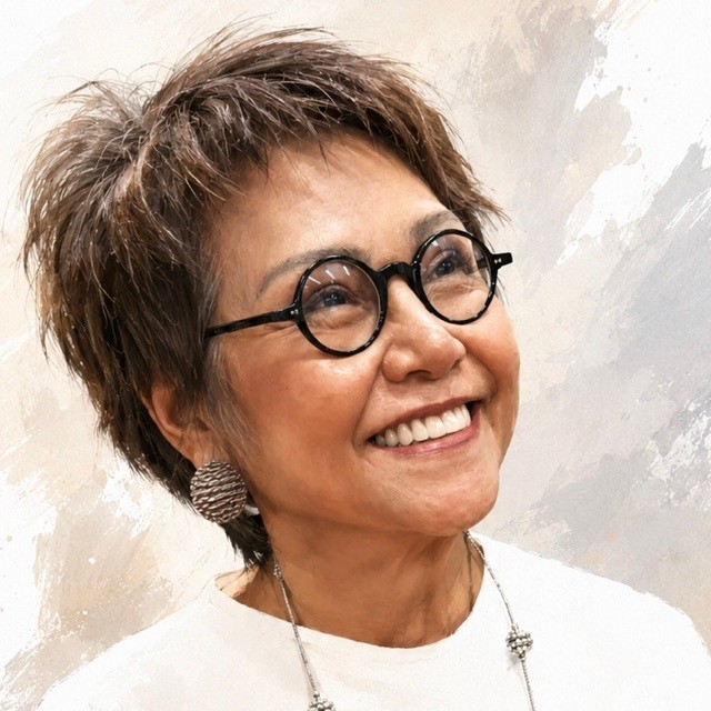 woman over 70 with a warm brown shag haircut wearing round glasses