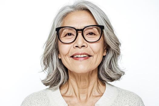 Asian woman over 70 with shoulder-length silver wavy hair wearing black glasses