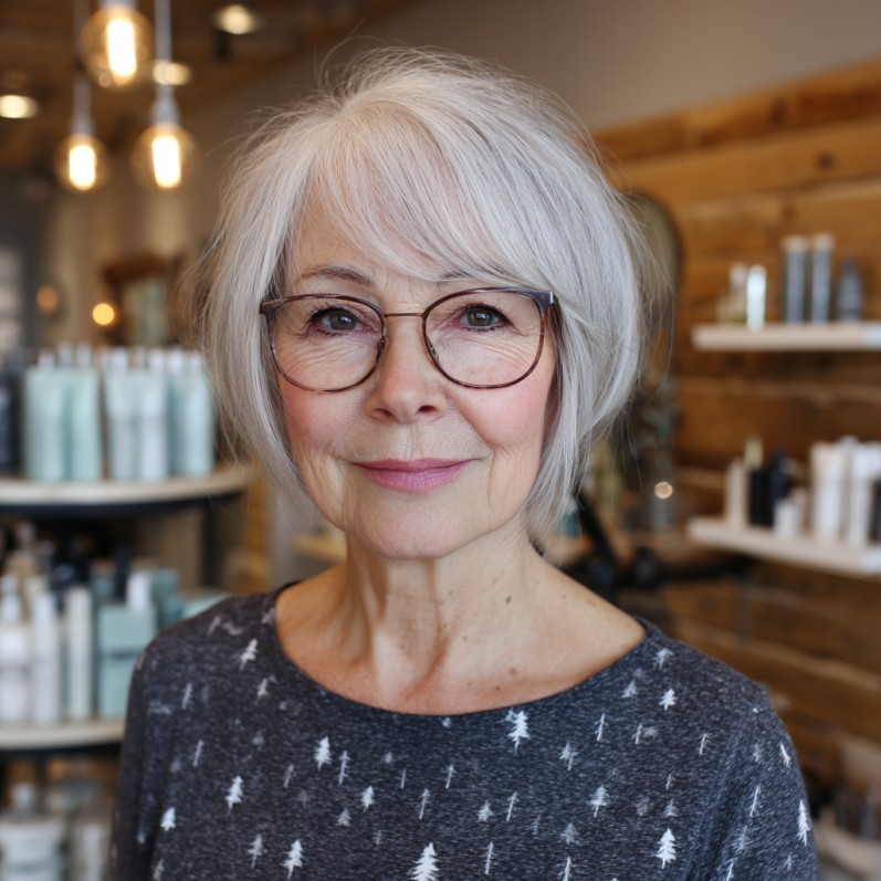 woman over 70 with a classic white bob hairstyle in a salon wearing glasses