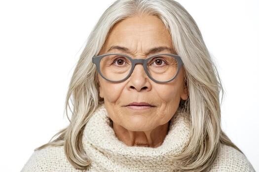 woman over 70 with gentle white wavy hair wearing round wire glasses