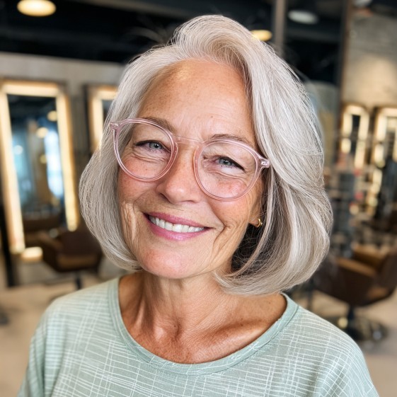 woman over 70 with a silver bob hairstyle wearing clear blush-pink glasses
