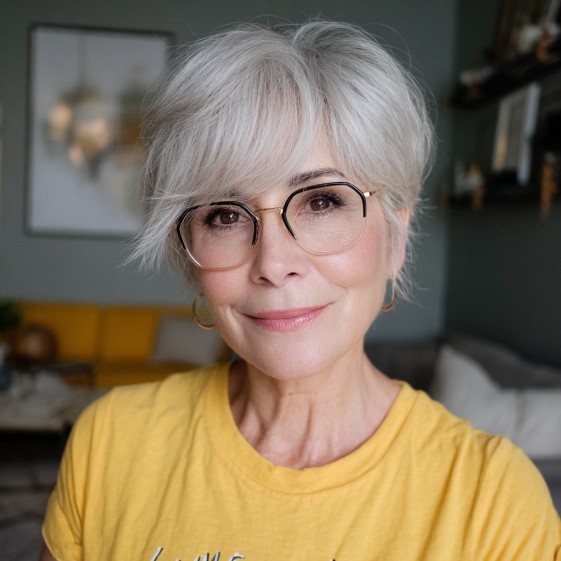 woman over 70 with a soft silver shag haircut wearing round glasses