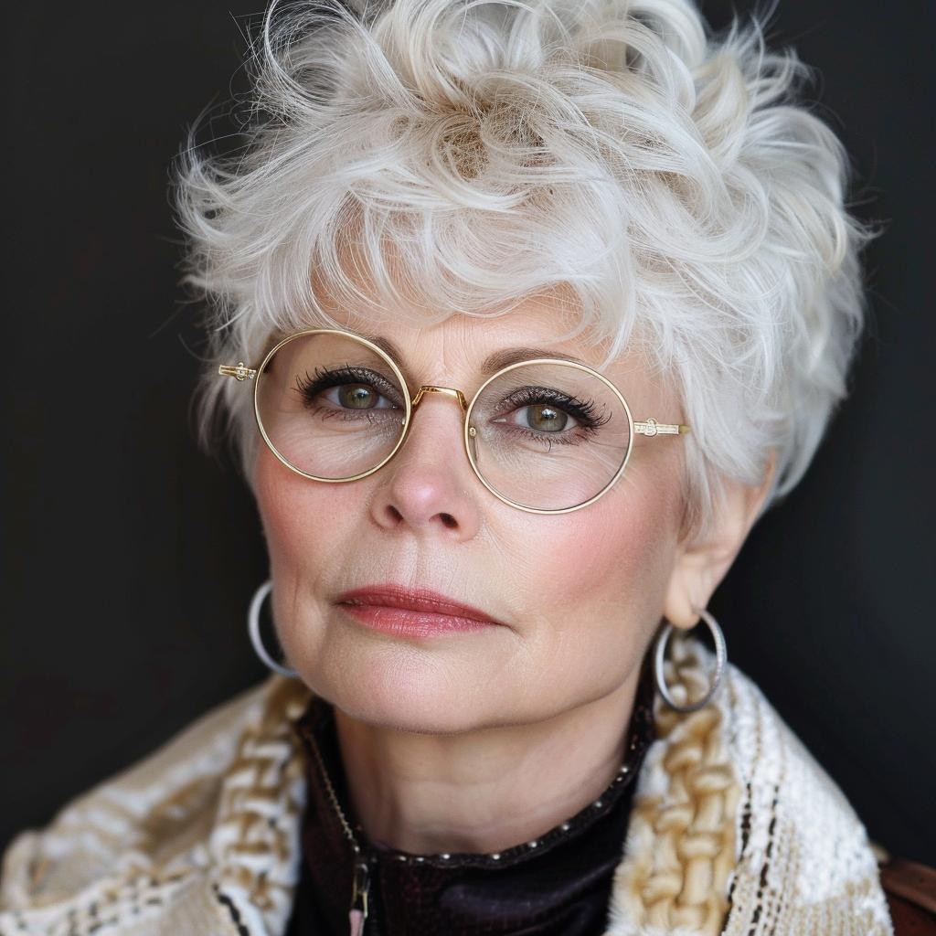 woman over 70 with short white curly hair wearing gold round glasses