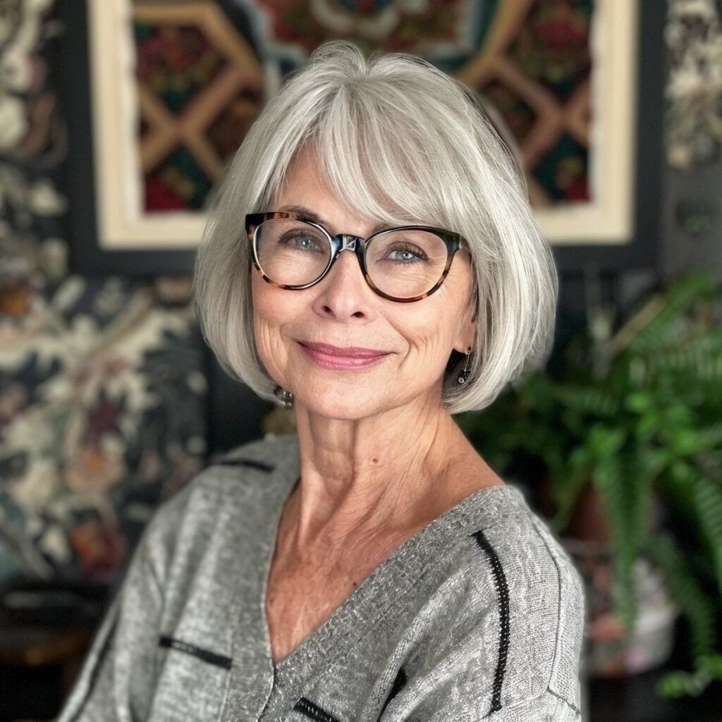 woman over 70 with a white bob and bangs wearing black glasses