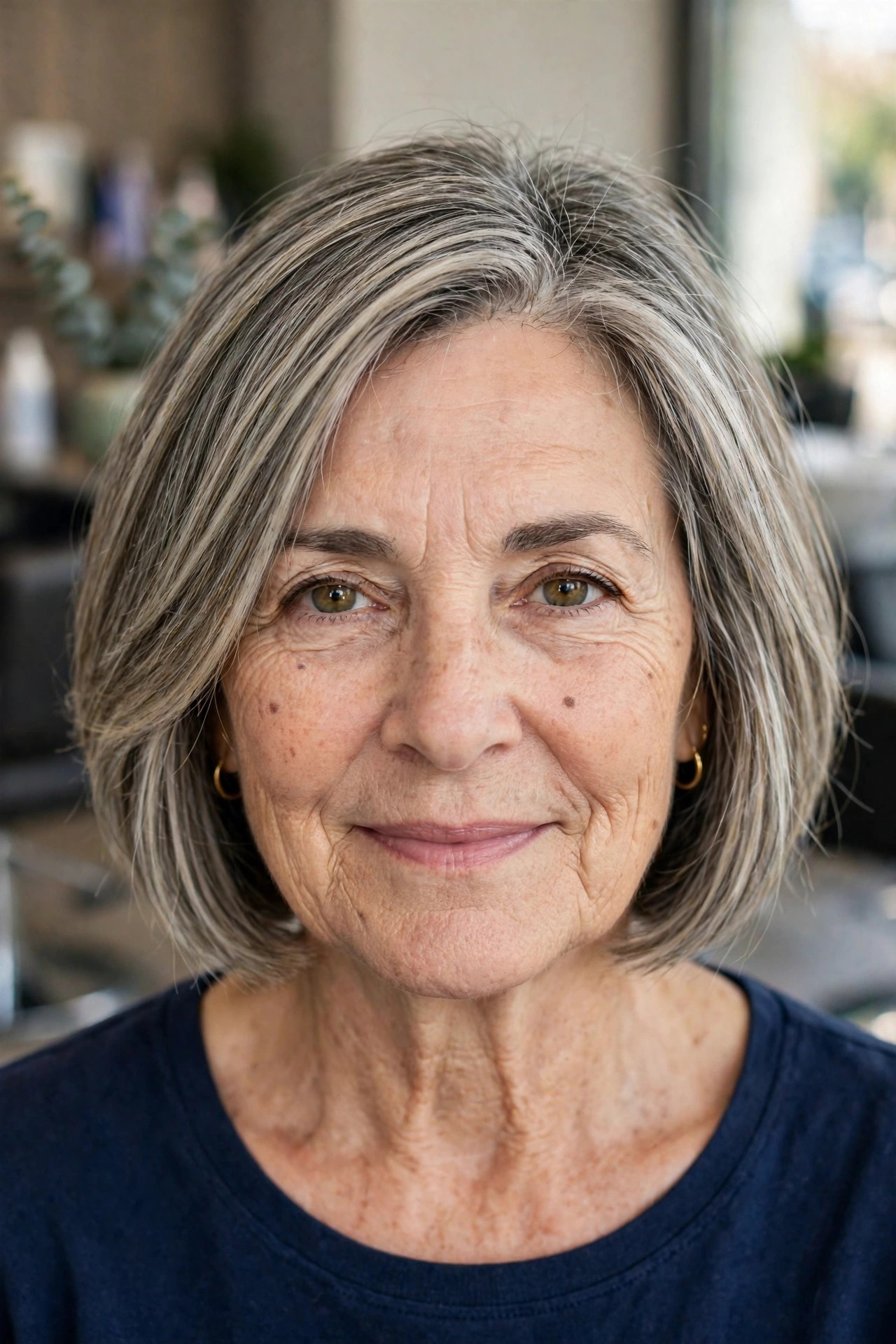 Ash-blonde highlights blending gray roots on a bob - woman over 50