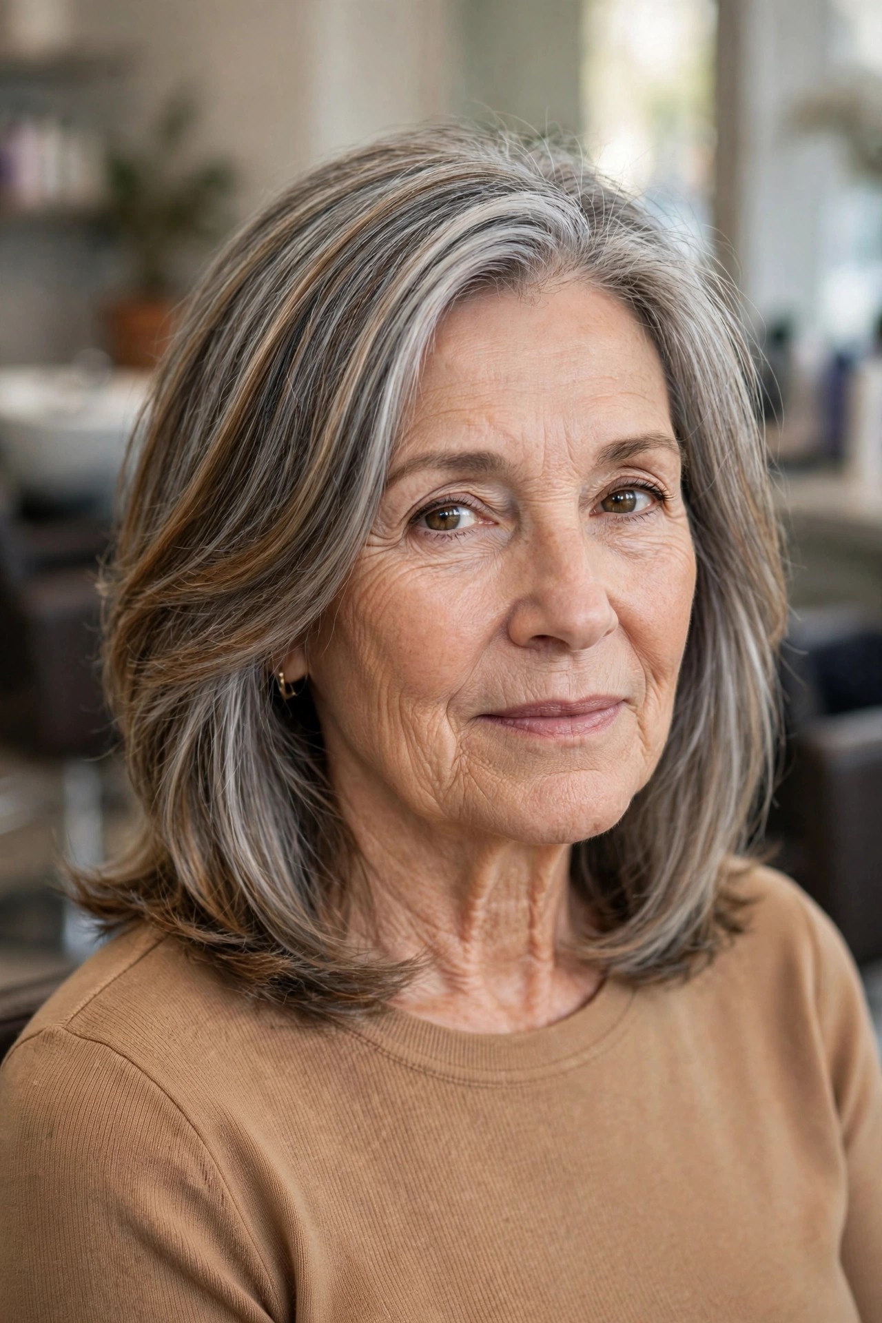 Caramel lowlights warming up cool gray hair - woman over 50