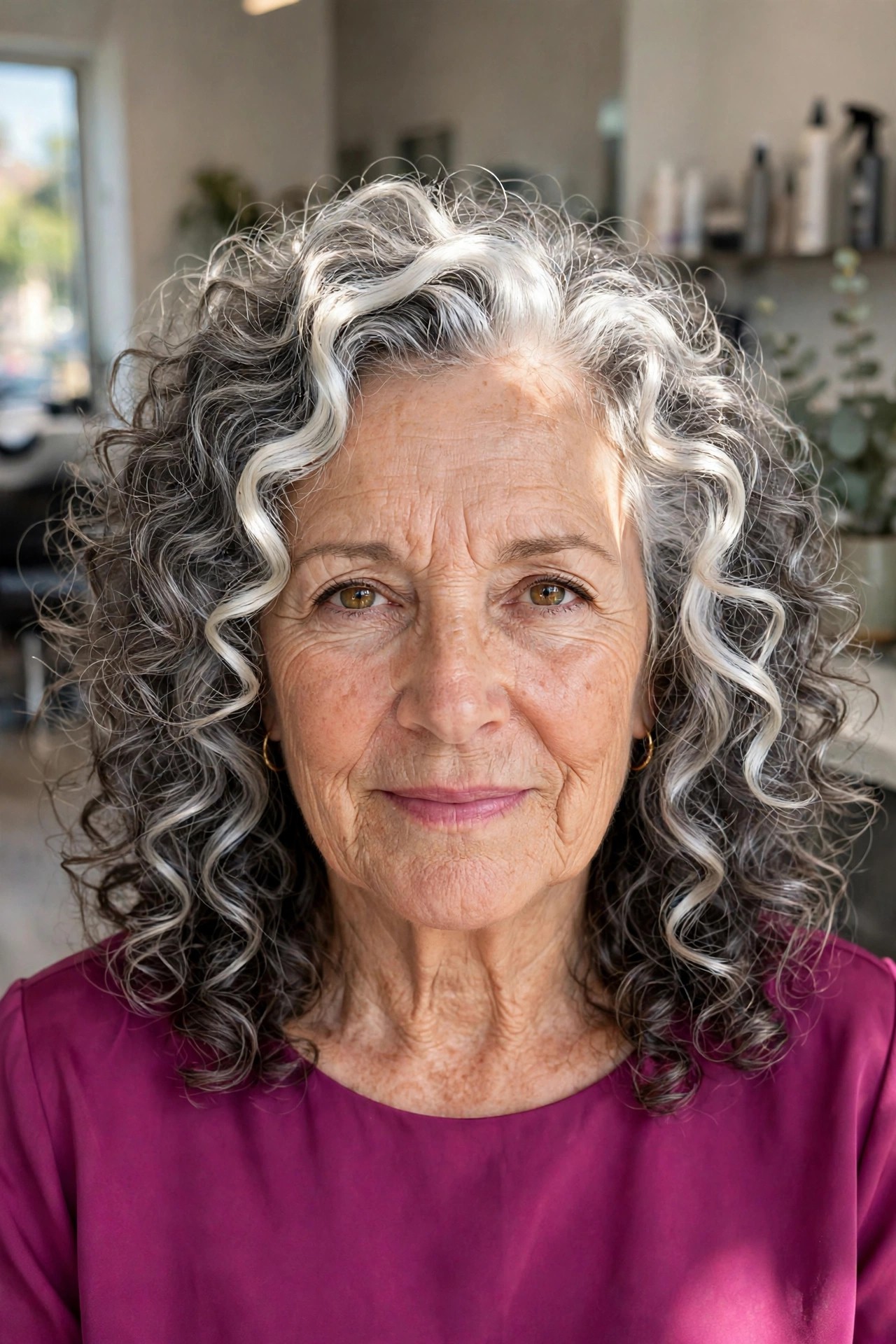 Icy platinum highlights on salt-and-pepper curls - woman over 50