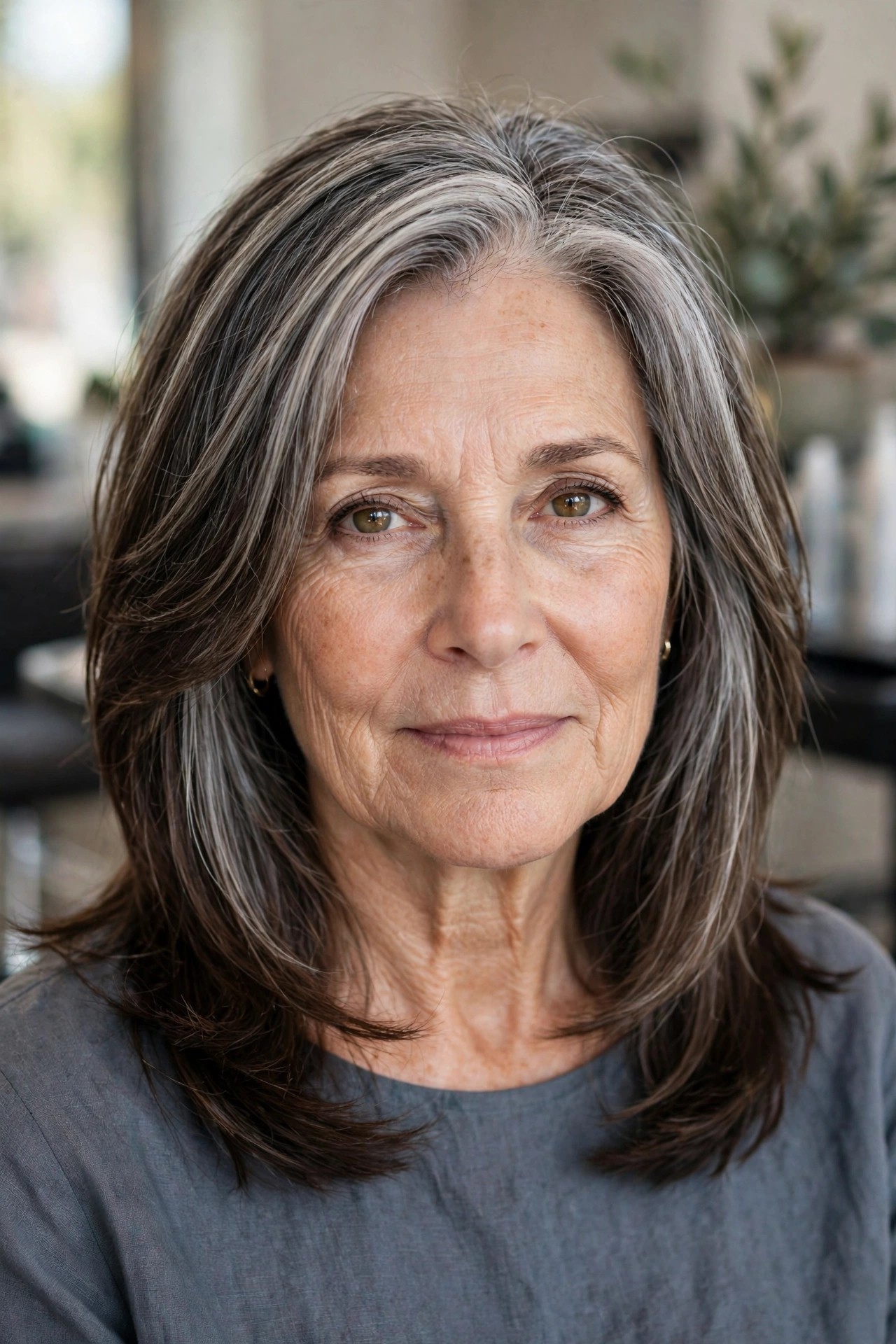 Smoky gray highlights for a seamless silver transition - woman over 50