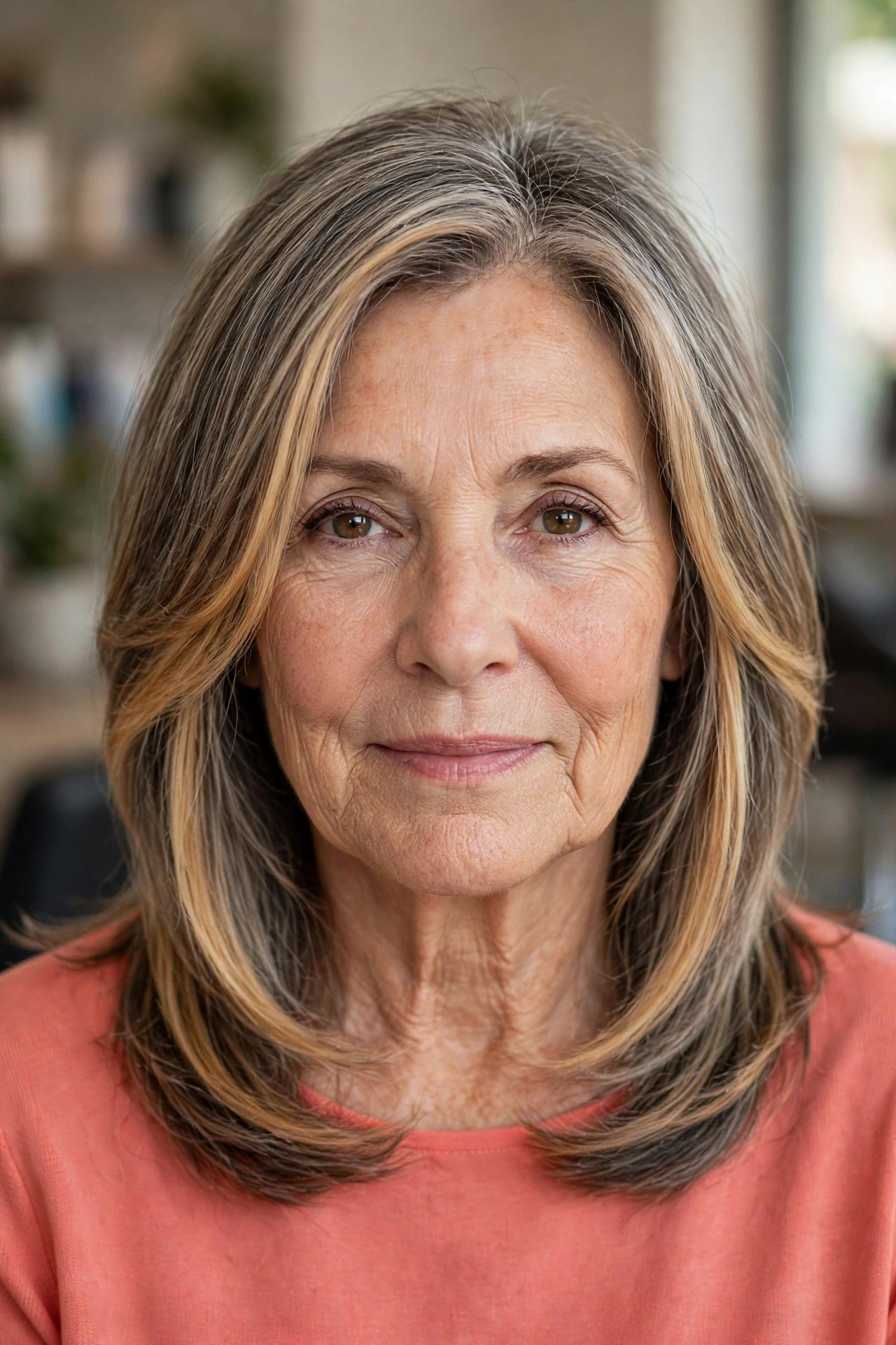 Honey highlights brightening graying face-framing layers - woman over 50