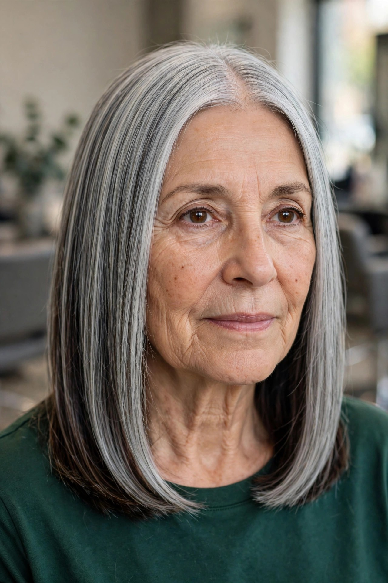 Deep espresso lowlights on shoulder-length graying hair - woman over 50