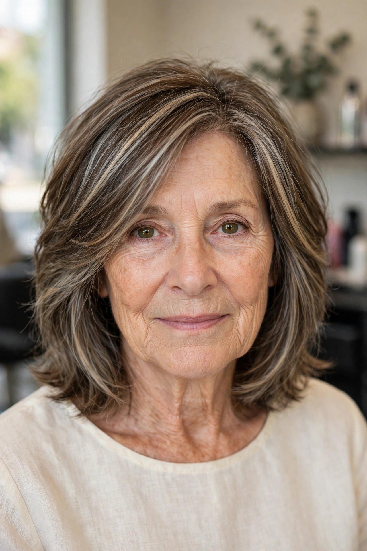 Herringbone highlights on a layered lob - woman over 50